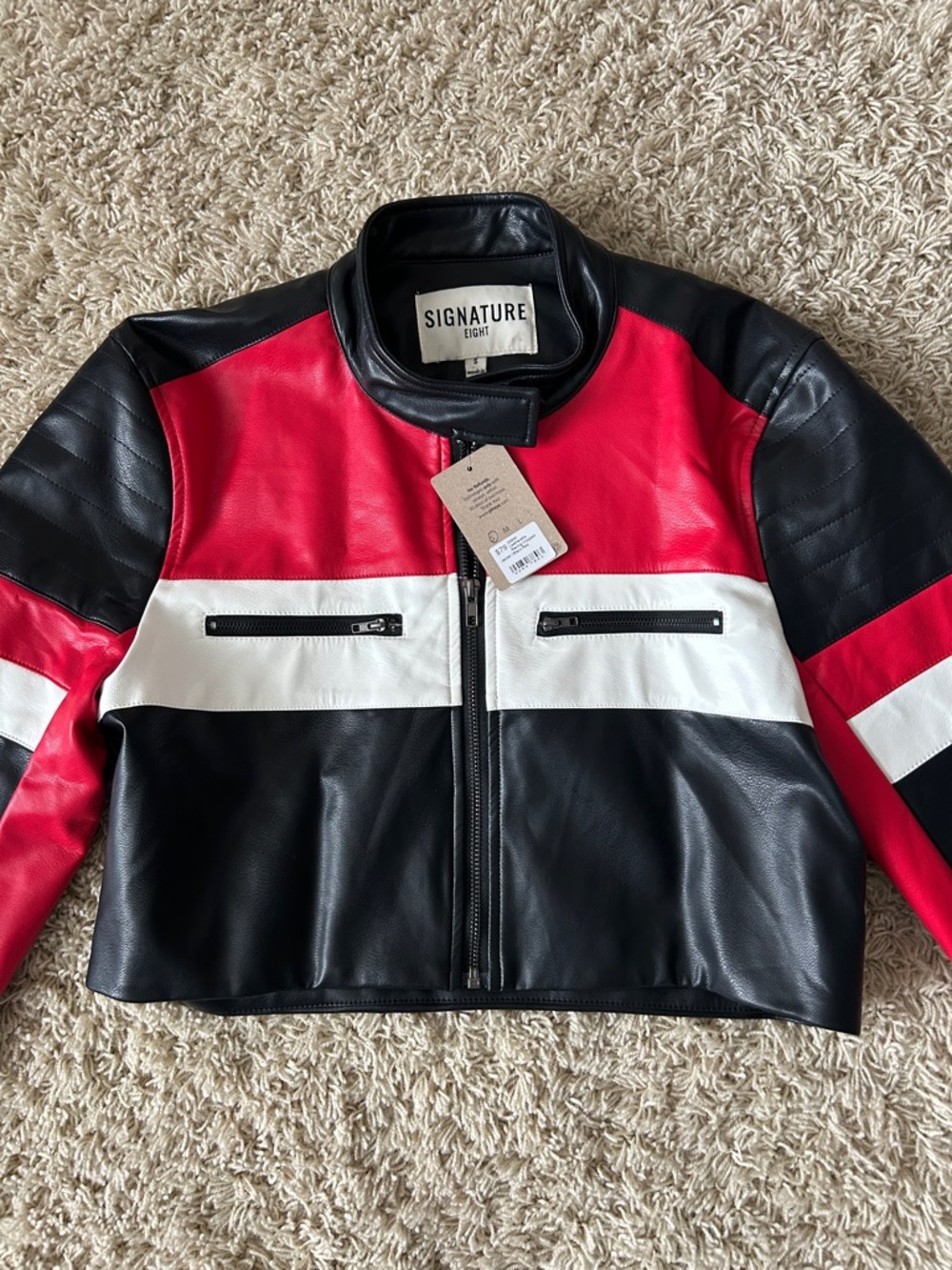 NWT Signature Eight Colorblock Cropped Leather Jacket Black, Red & White Size S